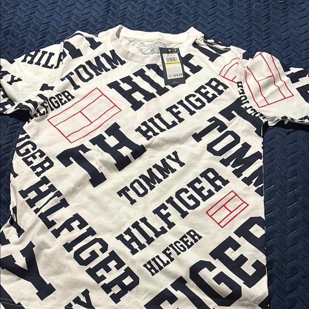 Tommy Hilfiger White and Blue Short Sleeve Tee